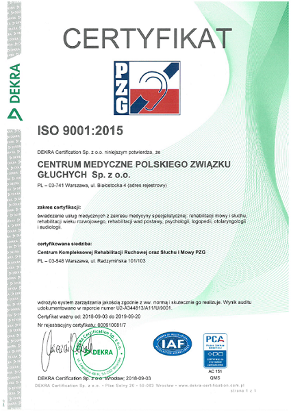 Certyfikat dla Centrum Medycznego Polskiego Związku Głuchych Sp. z o.o. potwierdzający spełnienie wymagań normy ISO 9001:2015