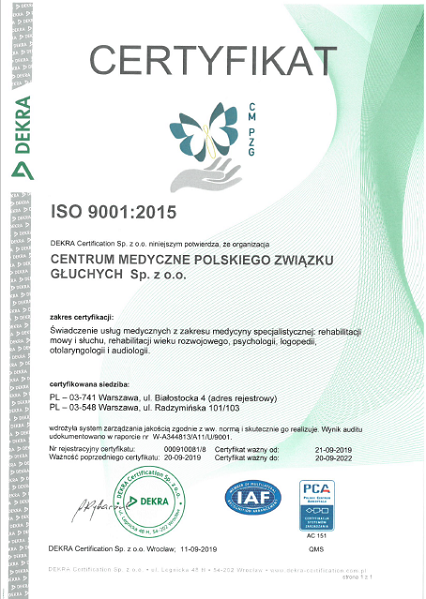 Certyfikat dla Centrum Medycznego Polskiego Związku Głuchych Sp. z o.o. potwierdzający spełnienie wymagań normy ISO 9001:2015