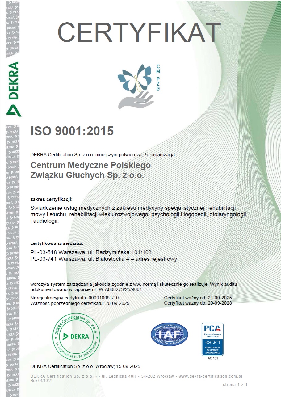 Certyfikat ISO Centrum Medycznego Polskiego Związku Głuchych